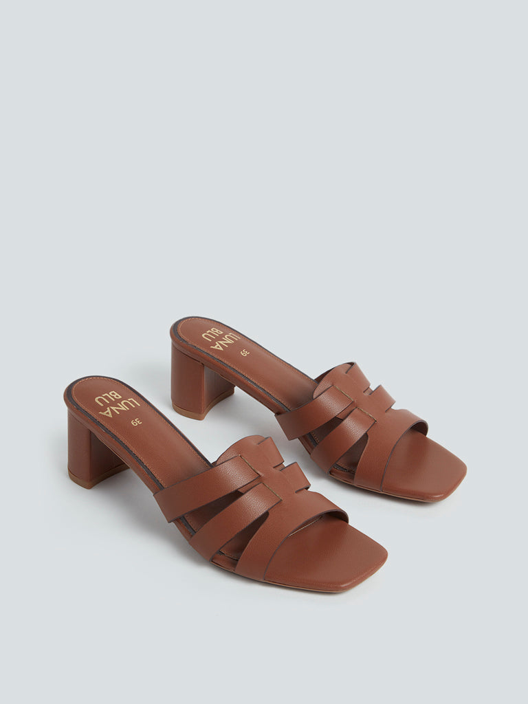 LUNA BLU Tan Cross-Strap Heeled Sandals